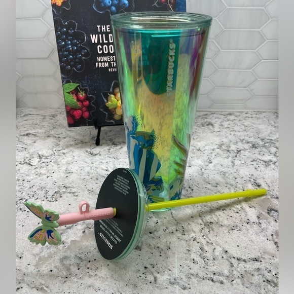 Starbucks Summer Iridescent Canna Lily Butterfly Floral Straw Topper Cup. NWT. - Picture 7 of 8